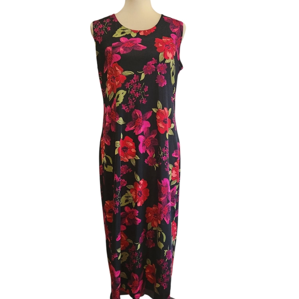 Y2K Dark Floral Sleeveless Midi Dress Back Slit | Stretch Knit | Size L (12/14)